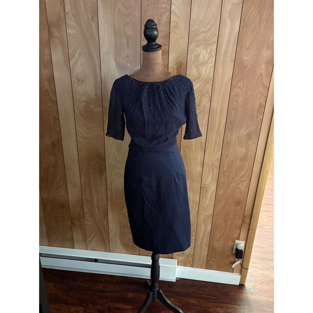 Boden Navy Blue Beaded Sheer Bodice V-Back Cocktail Dress WH290 US 2R